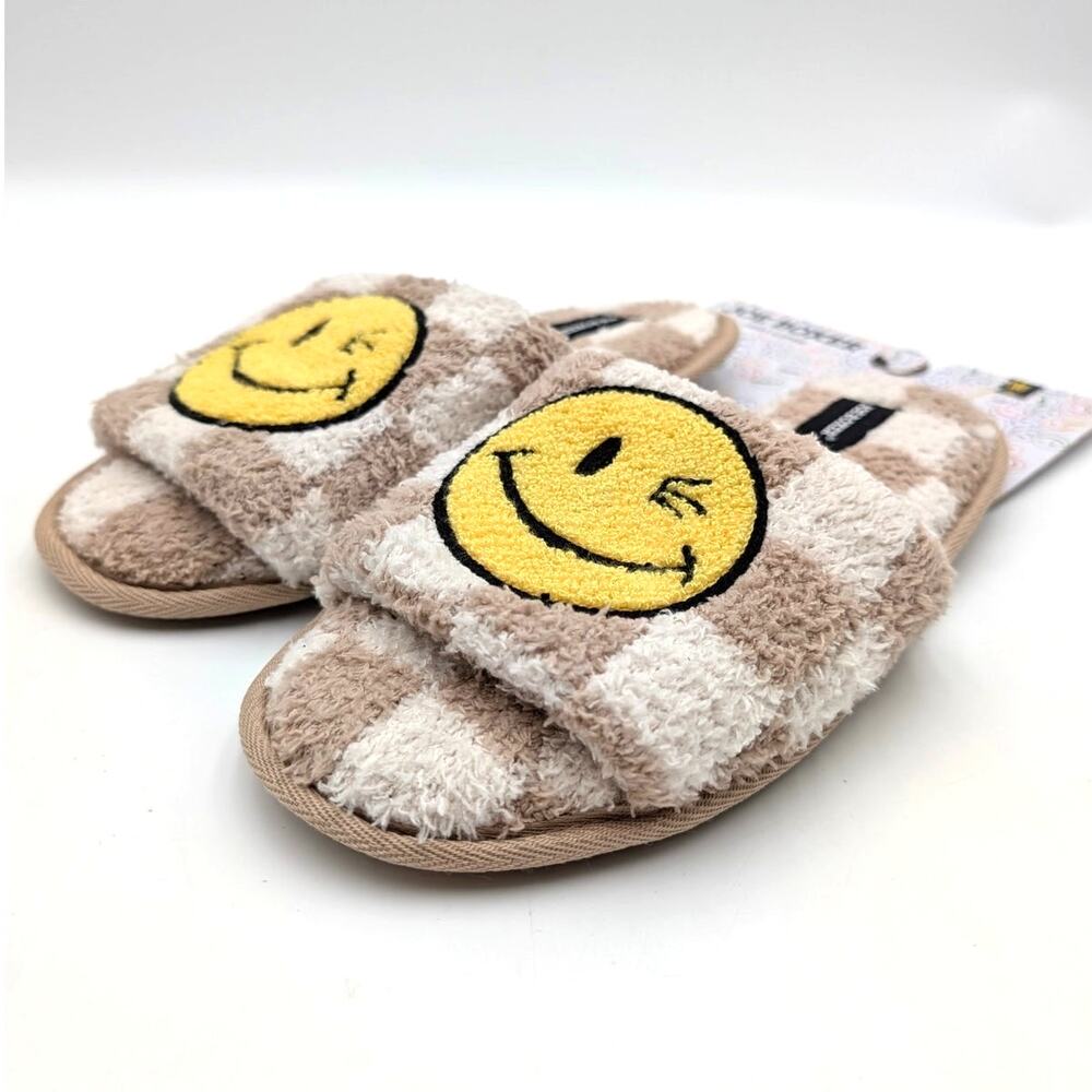 Joe Boxer Cozy Smiley Face Plush Slipper Shoes Women's Tan/Beige Size US7/8 EU38